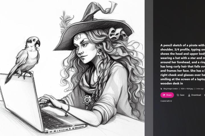 Bing Image Creator made a drawing of a female pirate using a laptop.