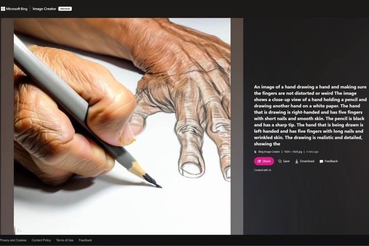 Bing Image Creator generated a realistic, yet artistic image of a hand drawing a hand.