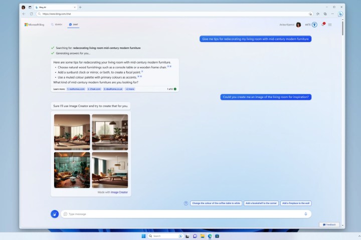 The Bing Image Creator being used in Bing Chat, showing images created from prompts.