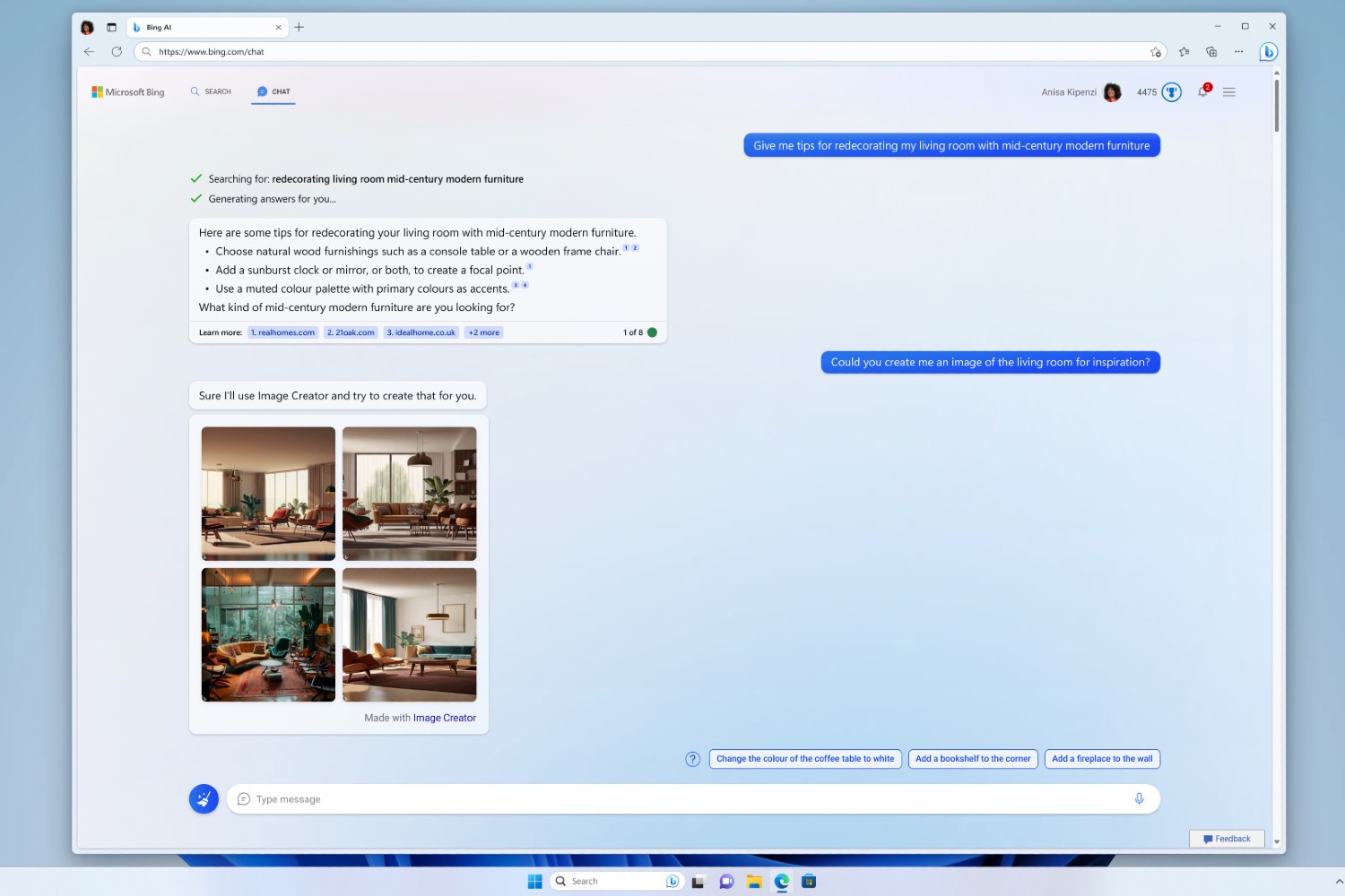 O Bing Image Creator sendo usado no Bing Chat, mostrando imagens criadas a partir de prompts.