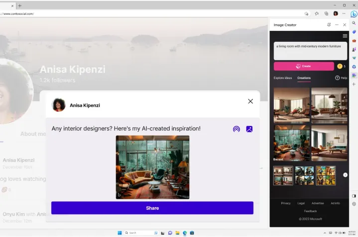 Bing Image Creator sendo usado na barra lateral do Edge.