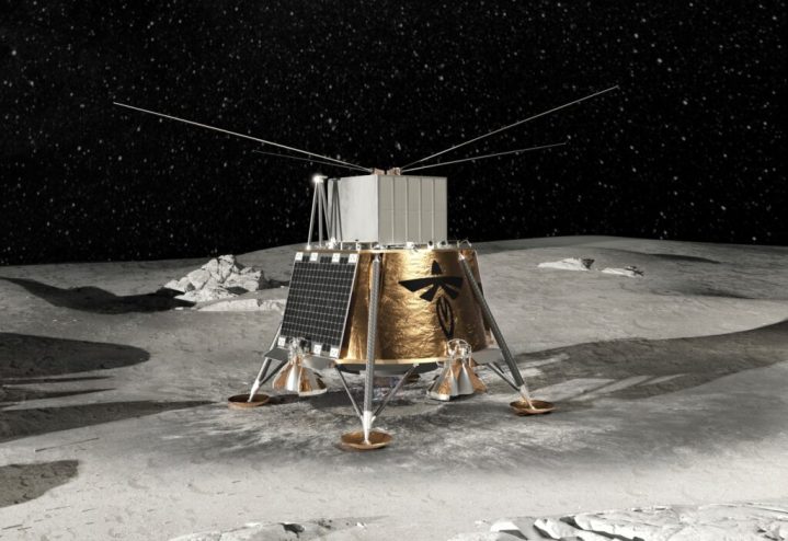 Representación del módulo de aterrizaje lunar Blue Ghost de Firefly entregando el radiotelescopio LuSEE-Night de la NASA al otro lado de la Luna.