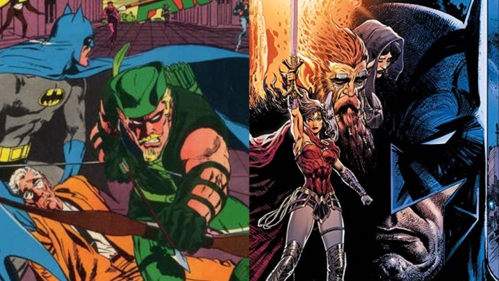 Imagem dividida de Batman com Arqueiro Verde e Mulher Maravilha nos quadrinhos Brave and the Bold.