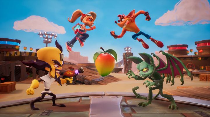 Four characters jump at each other in Crash Team Rumble