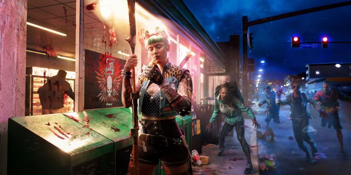 Dani lights a cigarette as zombies attack her from behind in Dead Island 2 key art.