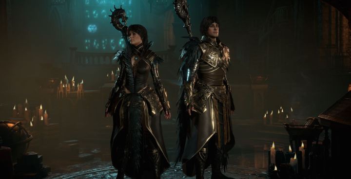 Diablo IV characters stand in a cathedral.