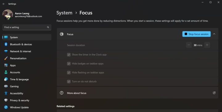 Screenshot of Focus Sessions in Windows 11.