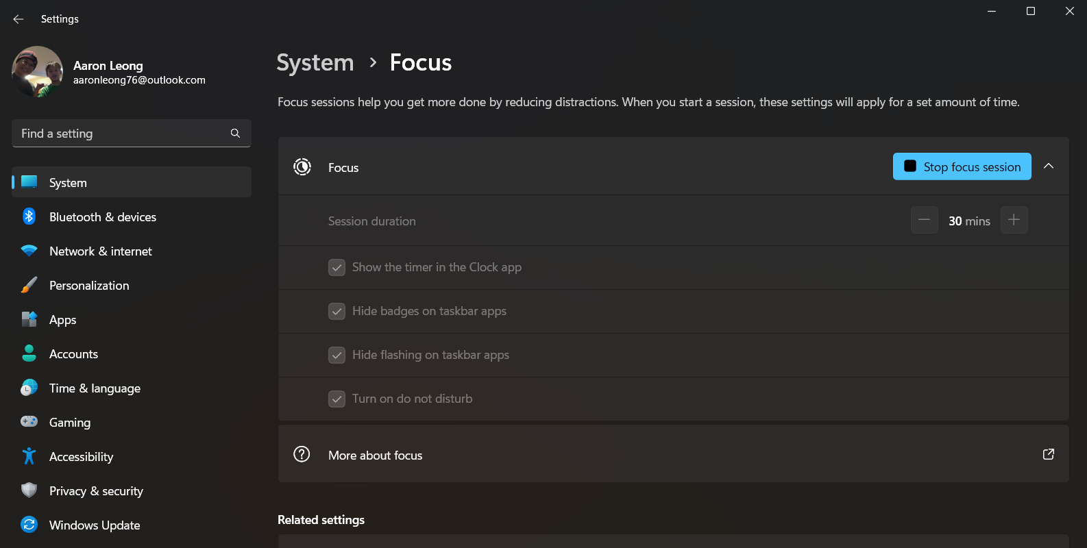 Captura de tela das Focus Sessions no Windows 11.