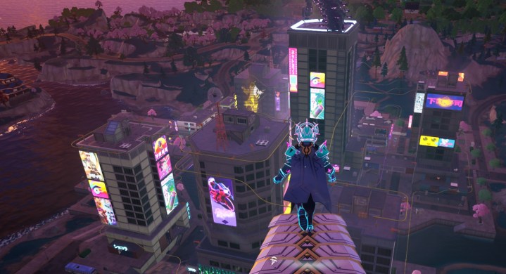 Fortnite character standing over cityscape.