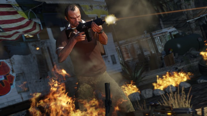 Trevor firing an assault rifle in GTA 5.