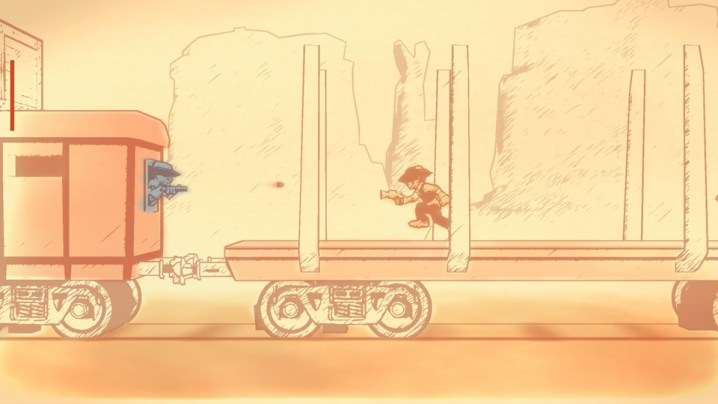 Clive shoots an enemy on a train in Gunman Clive.