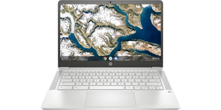 A silver HP 14-inch Chromebook showing an attractive overhead scene of a river.