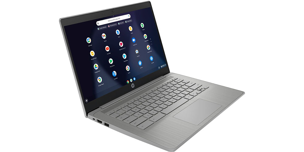 O Chromebook HP de 14 polegadas em um ângulo lateral exibindo o ChromeOS.