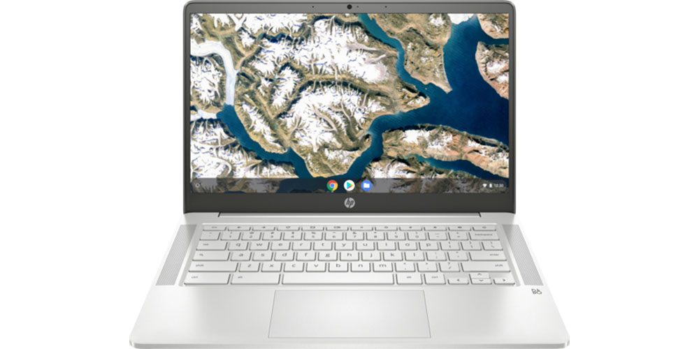 O Chromebook HP de 14 polegadas exibindo uma visão aérea de um rio.