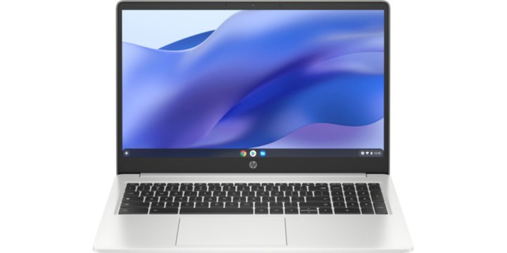 The HP 15-inch Chromebook facing forward while displaying an attractive background.