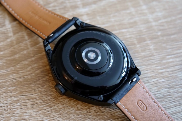 The Huawei Watch Buds's case back and heart rate sensor.