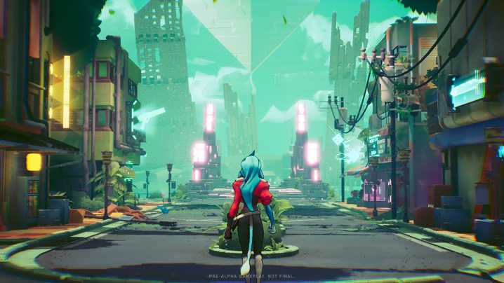 Игрок идет по городу в Hyper Light Breaker.