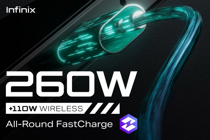 A promotional image for Infinix's new All-Round FastCharge charging technology.