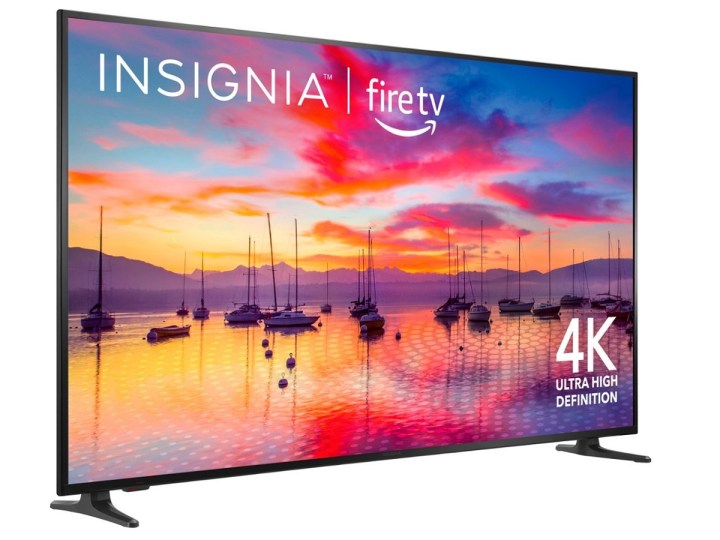 The Insignia F30 Series 4K TV with Fire TV, with boats on the water shown on the screen.