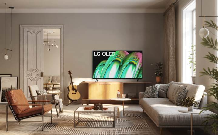 The LG A2 placed in a living room environment.