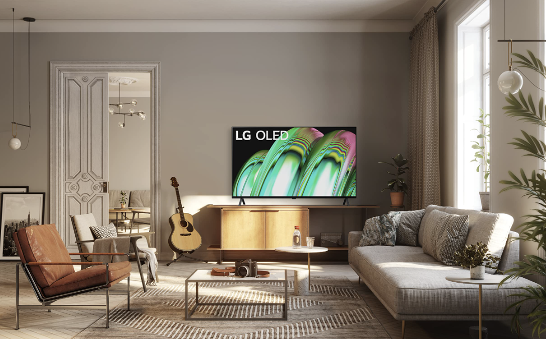 The LG A2 is placed in a living room environment.