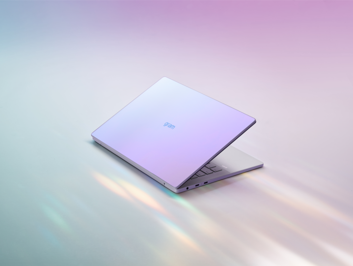 Imagem de estilo de vida do laptop LG Gram Style com fundo colorido.
