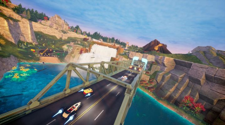 Players race across a bridge in Lego 2K Drive.