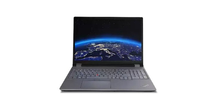 A Lenovo ThinkPad P16 displaying a scenic desktop background while placed on a white background.