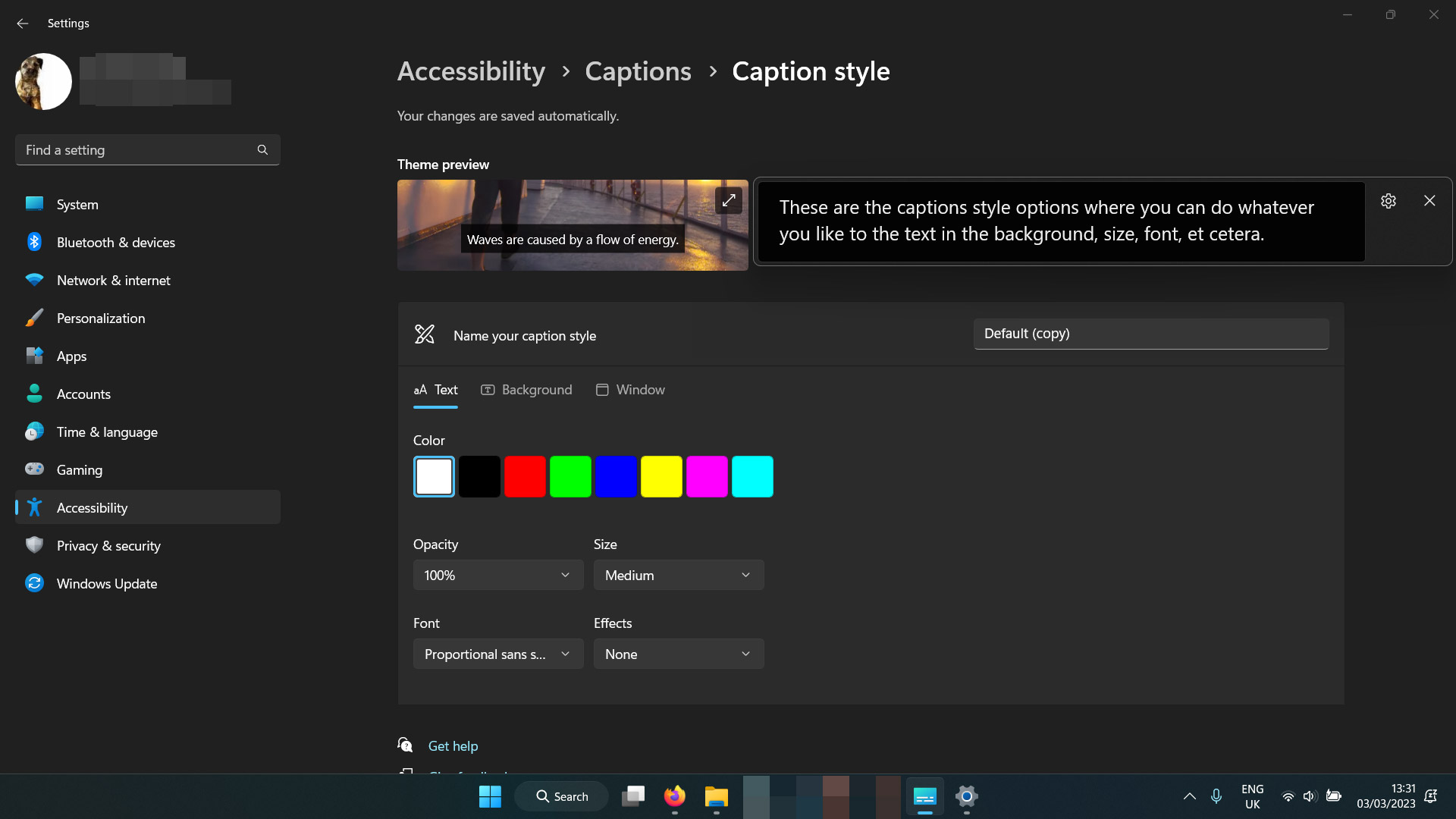 گزینه های رنگ را در Live Captions در ویندوز 11 تغییر دهید.