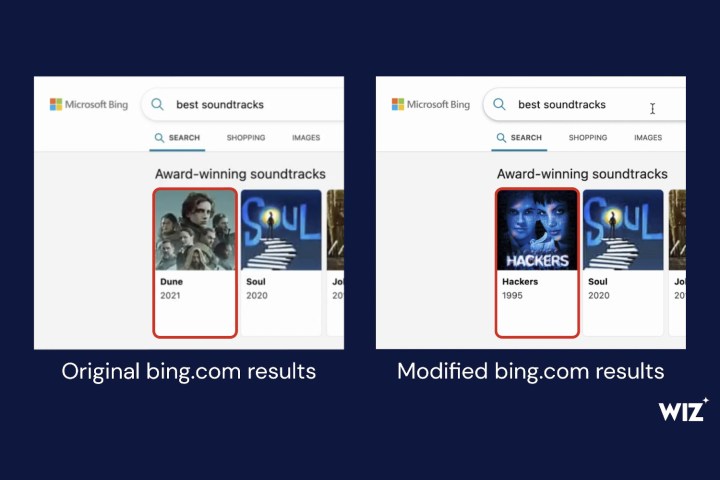 Se aplicó una comparación de los resultados de búsqueda de Bing antes y después del exploit de BingBang, que muestra cómo se podría alterar la lista de bandas sonoras de películas recomendadas.