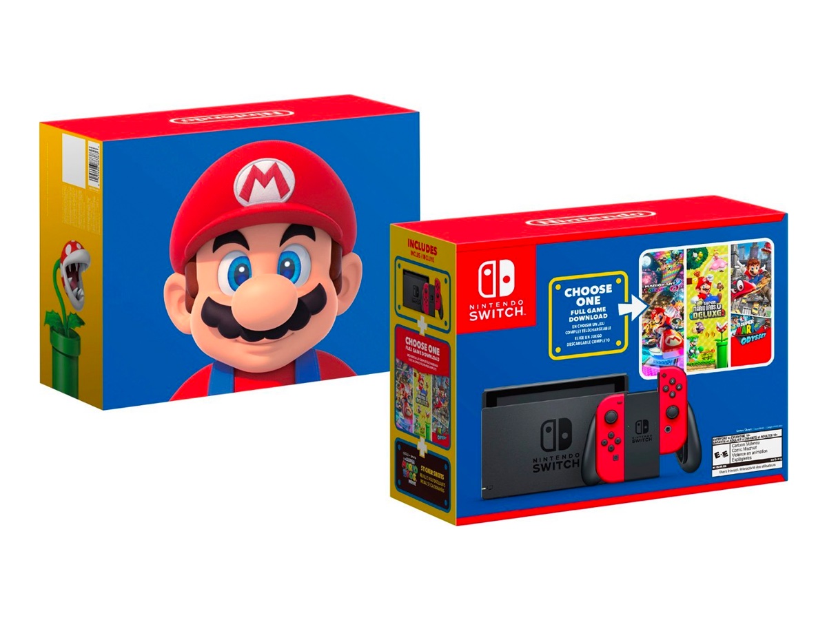 Front and back images of the Nintendo Switch Mario Bundle box against a white background.