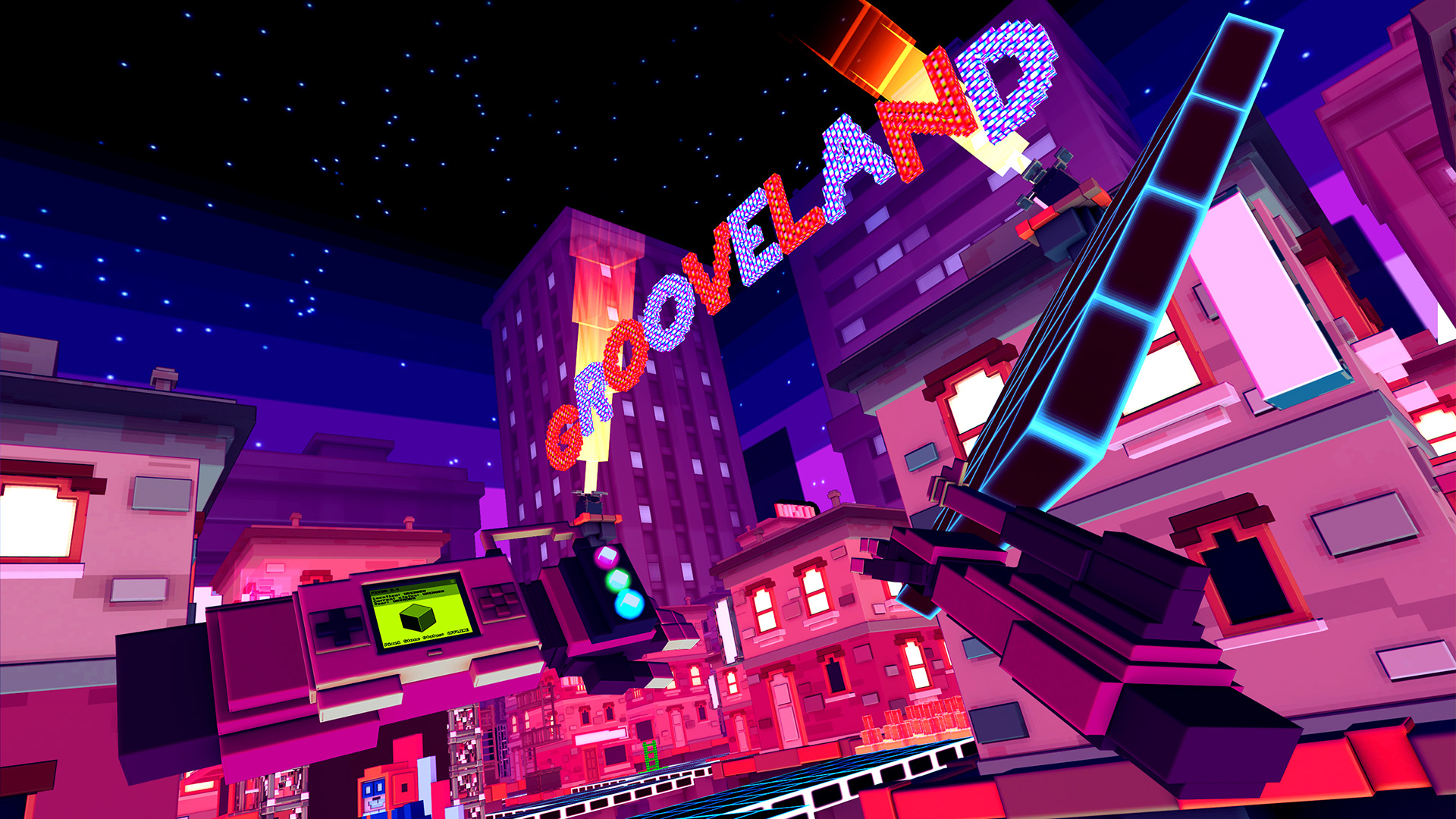 Um jogador explora uma área chamada Grooveland em Pixel Ripped 1978.