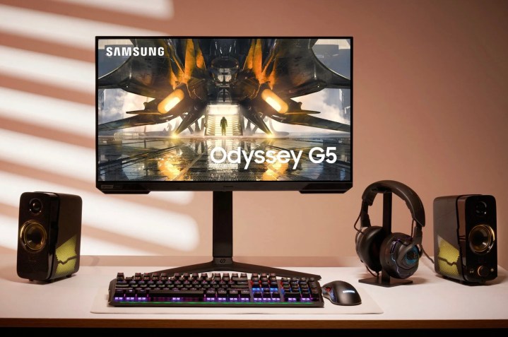 The Samsung Odyssey G5 gaming monitor on a desk.