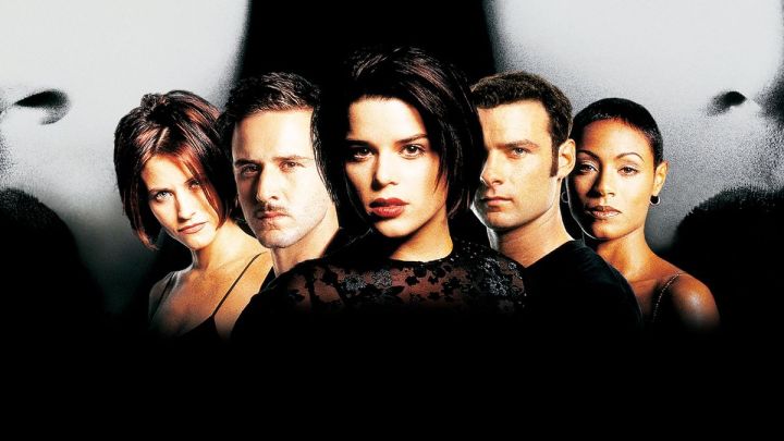 The cast of Scream 2 on a poster for the film.