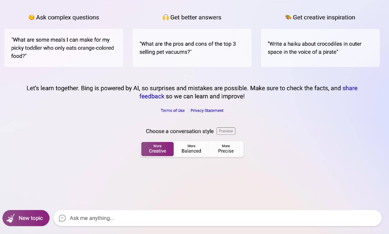 Os três estilos de conversa disponíveis no Bing Chat.