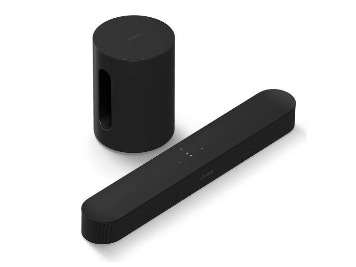 The second generation Sonos Beam soundbar and Sonos Sub Mini against a white background.