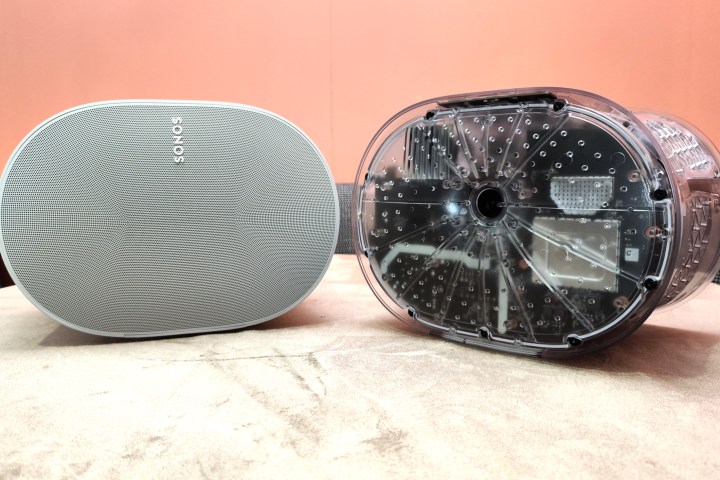 Sonos Era 300, next to a transparent version showing the internals of the speakers.