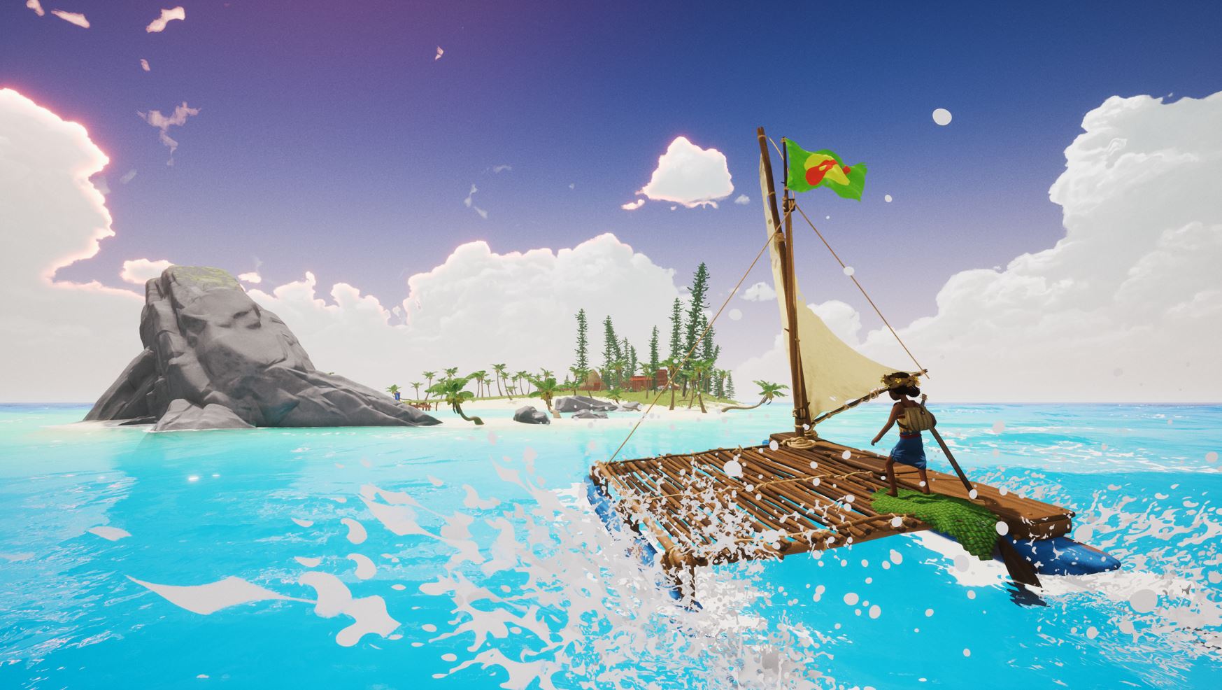 O jogador navega para uma ilha distante em Tchia.