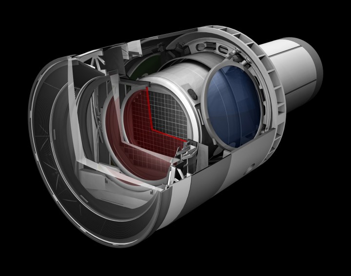 Uma renderização de design de linha de base da câmera LSST com um corte para mostrar o funcionamento interno.