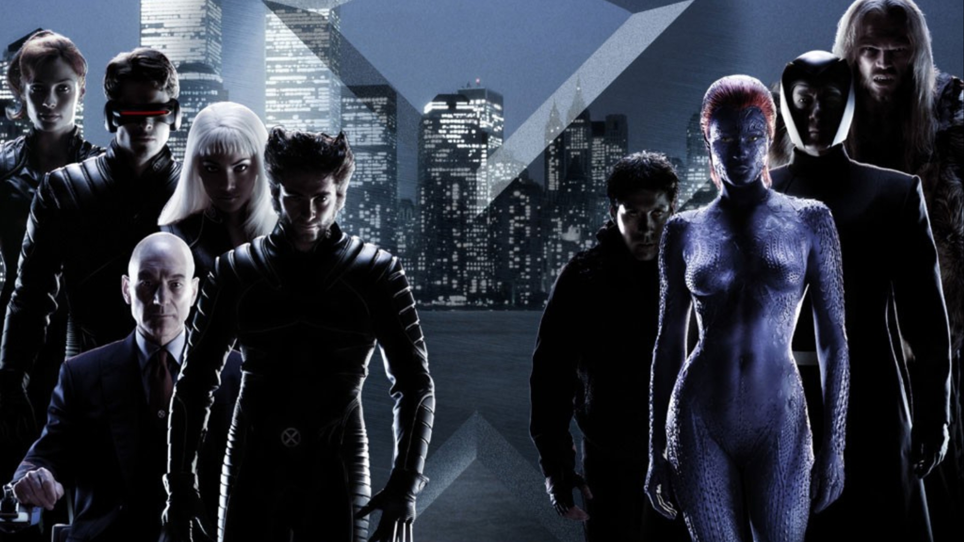 Pôster de "X-Men" (2000) com os mutantes alinhados com Xavier e Magneto.