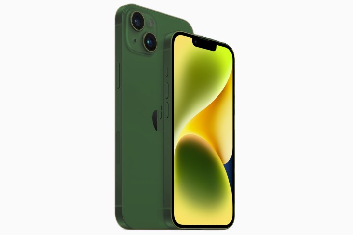 Mockup render of the iPhone 14 in a dark green color.