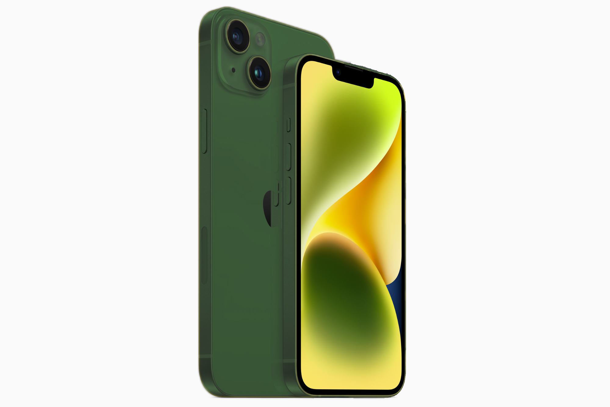 गहरे हरे रंग में iPhone 14 का मॉकअप रेंडर।