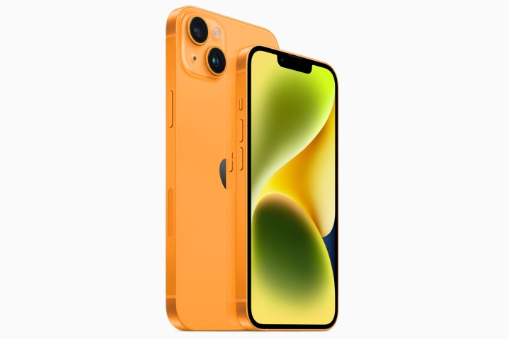 Mockup render of the iPhone 14 in an orange color.