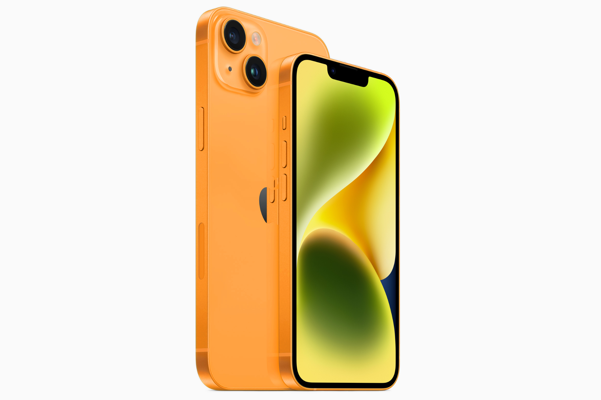 नारंगी रंग में iPhone 14 का मॉकअप रेंडर।