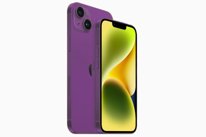 Mockup render of the iPhone 14 in a purple color.