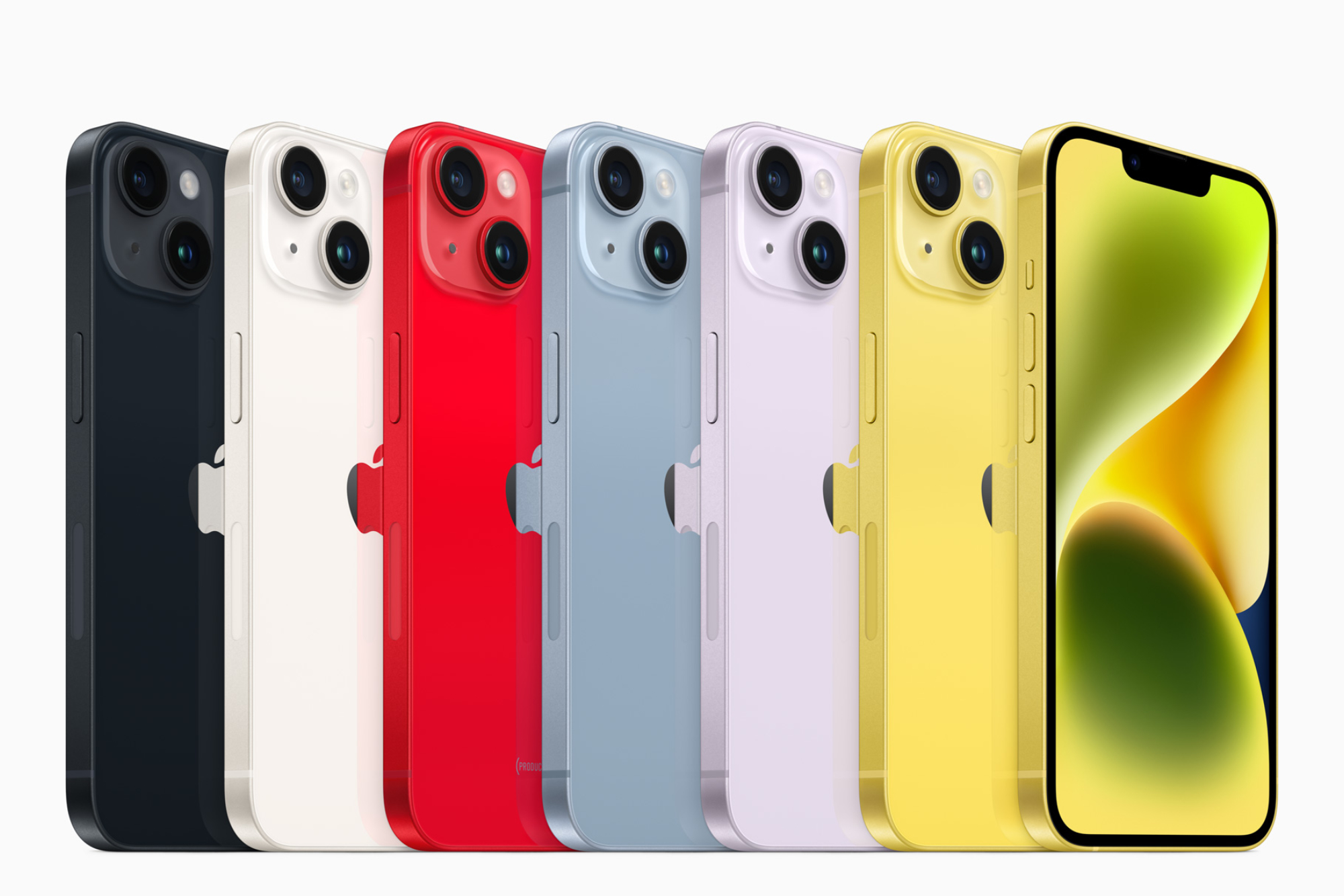 The iPhone 14 in all available colors, including yellow.