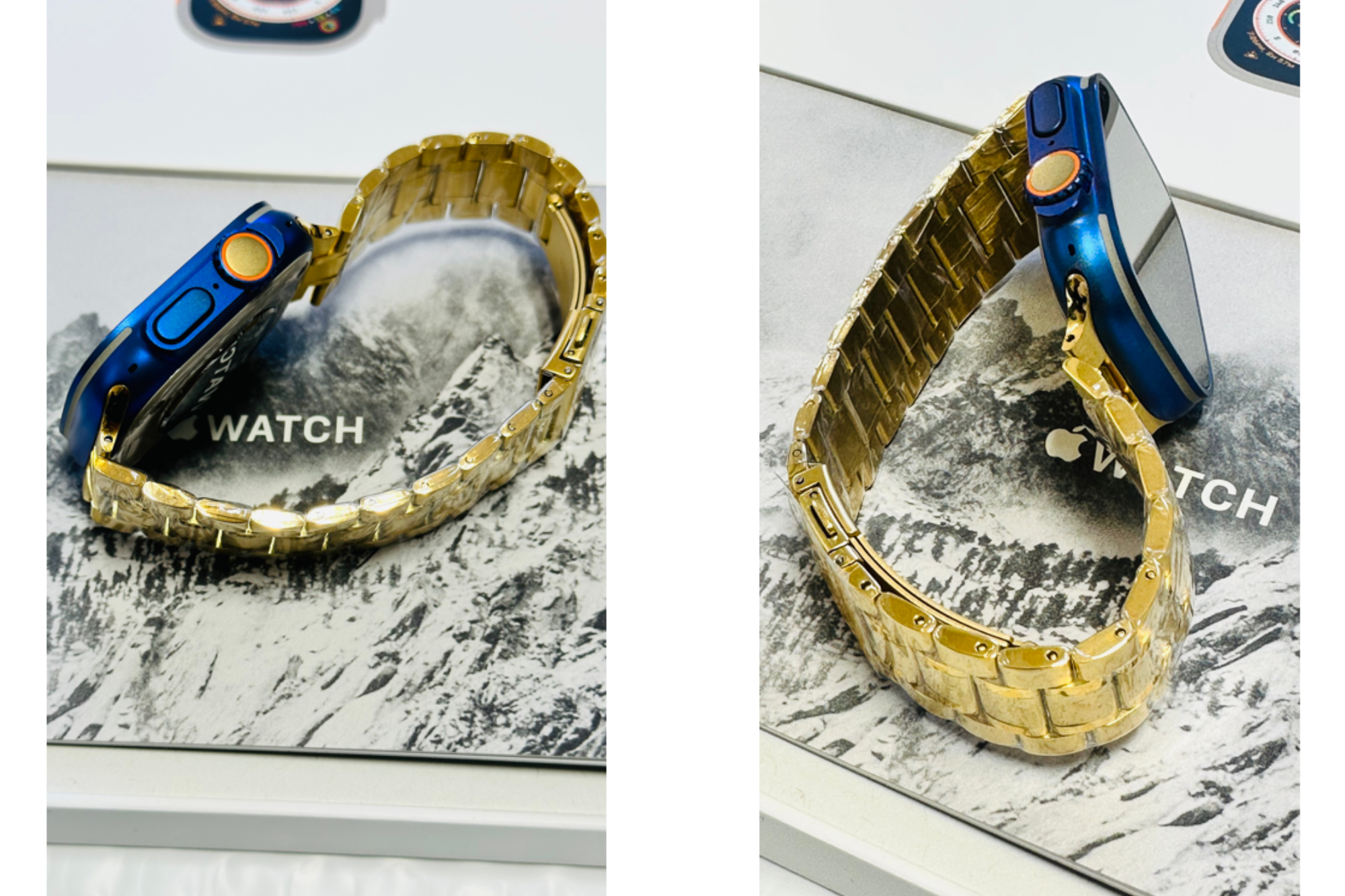A custom-made Apple Watch Ultra, with a blue case and gold metal band.