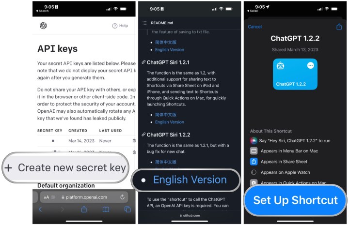 یک کلید API مخفی OpenAI برای ChatGPT ایجاد کنید، به Github Yue-Yang بروید تا میانبر ChatGPT 1.2.2 نسخه انگلیسی را دانلود کنید، کلید API را وارد کنید، Shortcut Setup را انتخاب کنید.