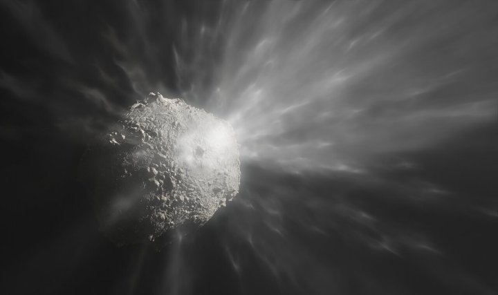 A ilustração deste artista mostra a ejeção de uma nuvem de detritos depois que a espaçonave DART da NASA colidiu com o asteróide Dimorphos.