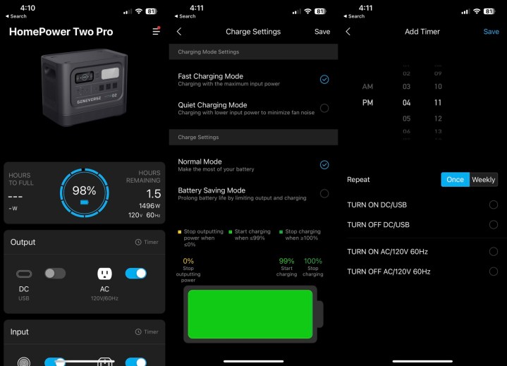 Screenshots show the features in Geneverse's iOS app for its HomePower Pro power stations.